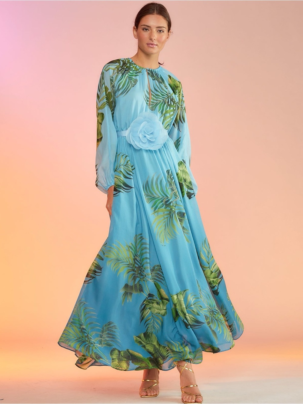 Cynthia Rowley Messina Silk Blue Tropical Print Maxi Dress
